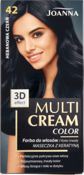 Czarne opakowanie farby do włosów Joanna Multi Cream Color Hebanowa Czerń 42, z uśmiechniętą modelką, widok z przodu.