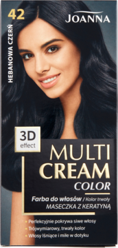 Czarne opakowanie farby do włosów Joanna Multi Cream Color Hebanowa Czerń 42, z uśmiechniętą modelką, widok z przodu.