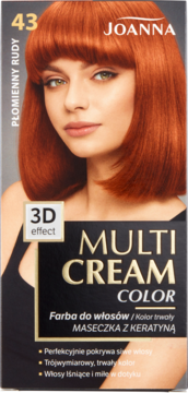 Front opakowania farby Joanna Multi Cream Color 43 Płomienny Rudy, z kobietą o intensywnie rudych włosach.