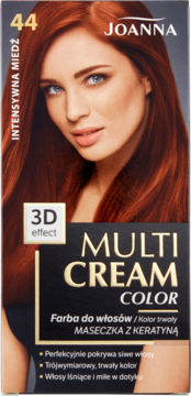 Pudełko farby do włosów Joanna Multi Cream Color 44 Intensywna Miedź, modelka z rudymi włosami.