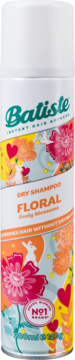 Biały suchy szampon Batiste Floral w sprayu, frontowa etykieta z kolorowymi kwiatami i sercami, widok z przodu.