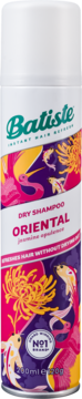 Suchy szampon Batiste Oriental 200ml, biała puszka z barwnym wzorem koi i kwiatów, widok z przodu.