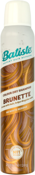 Batiste Brunette Colour Dry Shampoo, brązowa puszka z beżowym wieczkiem i złotymi wzorami, widok z przodu.
