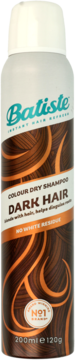 Batiste Dark Hair Colour Dry Shampoo 200ml w ciemnej puszce z falami, widok z przodu, z białym korkiem.