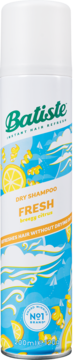 Batiste Dry Shampoo, Fresh Lively Citrus, biała butelka z cytrynowo-niebieskim designem, widok z przodu.