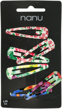 Zestaw 6 spinek do włosów nanu z kolorowymi, kwietnymi wzorami na białym tle, widok z przodu na czarnym opakowaniu.