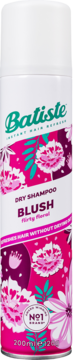 Batiste Blush, suchy szampon 200ml, biała puszka z różowo-purpurowymi kwiatami i miętowym logo, widok z przodu.