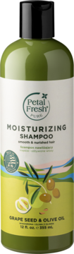 Petal Fresh Pure szampon nawilżający z pestek winogron i oliwy z oliwek. Zielona butelka, widok z przodu.