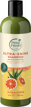 Petal Fresh Ultra-Shine Shampoo Aloe & Citrus, zielona butelka, widok z przodu, etykieta z aloesem i cytrusami.