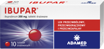 Białe opakowanie Ibupar 200 mg, 10 tabletek, lek przeciwbólowy i przeciwgorączkowy, z czerwoną tabletką.