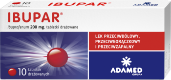 Białe opakowanie Ibupar 200 mg, 10 tabletek, lek przeciwbólowy i przeciwgorączkowy, z czerwoną tabletką.