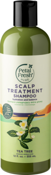 Zielony szampon Petal Fresh Pure Scalp Treatment Tea Tree, widok z przodu, z ilustracją liści i kwiatów.