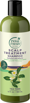 Petal Fresh Pure Szampon do skóry głowy z drzewem herbacianym, zielona butelka, czarna nakrętka, widok z przodu.