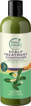 Zielona butelka Petal Fresh Pure Scalp Treatment Conditioner Tea Tree, widok z przodu, z ilustracją liści.