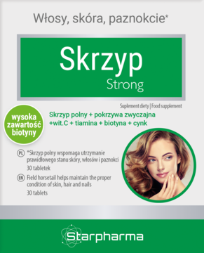 Opakowanie suplementu Skrzyp Strong Starpharma w zielono-białym designie, z przodu, na włosy, skórę i paznokcie.