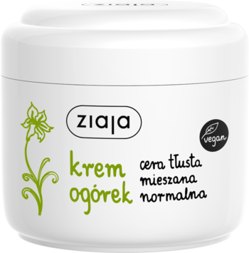 Ziaja krem ogórek nawilżający do cery tłustej, mieszanej i normalnej, biały słoik z zielonym dekorem.