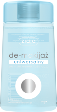 Ziaja de-makijaż uniwersalny płyn do oczu, jasnoniebieska butelka z logo i napisem vegan.