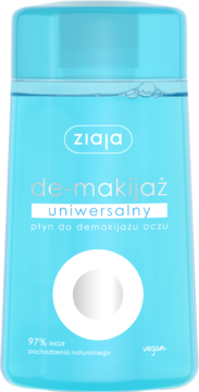 Ziaja de-makijaż uniwersalny płyn do demakijażu oczu w błękitnej butelce, widok z przodu, z białym napisem.