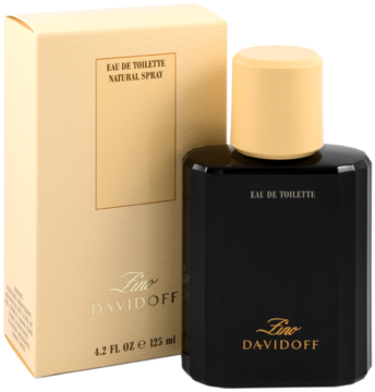 Zino Davidoff woda toaletowa męska, czarna prostokątna butelka obok beżowego pudełka, widok z przodu.