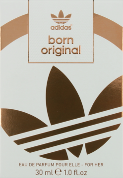 Białe opakowanie perfum Adidas Born Original dla kobiet, z różowozłotym logo i napisem z przodu.