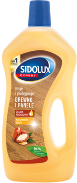 Sidolux Expert płyn do drewna i paneli, żółta butelka, z olejkiem arganowym i naturalnym woskiem, widok z przodu.