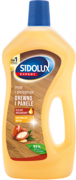 Sidolux Expert płyn do drewna i paneli, żółta butelka, z olejkiem arganowym i naturalnym woskiem, widok z przodu.