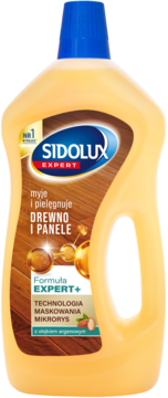 Płyn Sidolux Expert do drewna i paneli z olejkiem arganowym w żółtej butelce z niebieską nakrętką, widok z przodu.