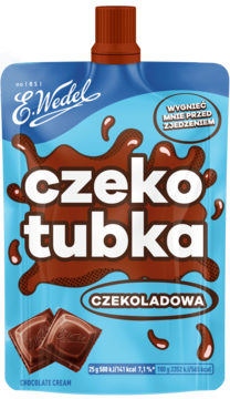 E. Wedel Czekotubka, krem czekoladowy w niebieskiej tubce z brązowymi kleksami, widok z przodu, z kostkami czekolady.