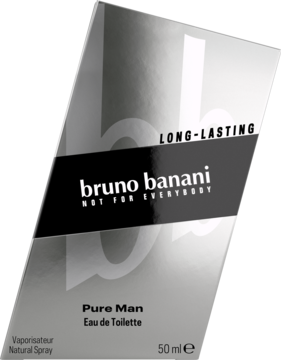 Srebrno-czarne pudełko wody toaletowej Bruno Banani Pure Man 50ml, widok z przodu pod kątem.