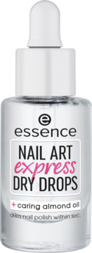 Essence Nail Art Express Dry Drops, wysuszacz do lakieru z olejkiem migdałowym, butelka z pipetą, widok z przodu.