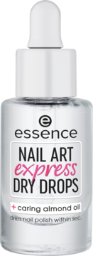 Essence Nail Art Express Dry Drops, wysuszacz do lakieru z olejkiem migdałowym, butelka z pipetą, widok z przodu.