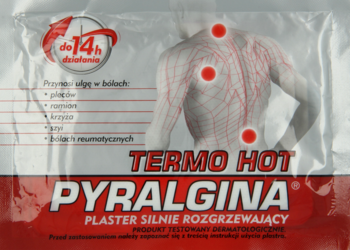 Srebrne opakowanie Pyralgina Termo Hot, plaster rozgrzewający na ból pleców i ramion, z grafiką sylwetki.