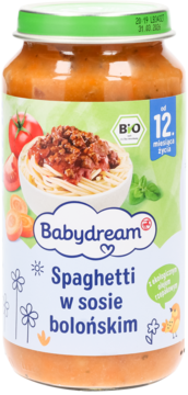 BABYDREAM ,danie w słoiczku, Spaghetti w sosie bolońskim, Bio, od 12. m-cu życia,przód