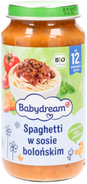 Słoiczek Babydream Spaghetti w sosie bolońskim, BIO, dla dzieci od 12 miesięcy, z ilustracją makaronu.