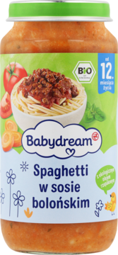 Słoiczek Babydream BIO Spaghetti bolońskie z zieloną nakrętką, od 12 m.ż., etykieta z daniem i warzywami.