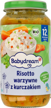Słoik Babydream BIO Risotto warzywne z kurczakiem, dla dzieci od 12 miesięcy, z miską ryżu.