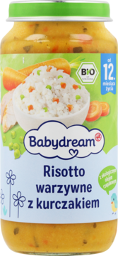 Słoik Babydream BIO Risotto warzywne z kurczakiem, z obrazem ryżu, groszku, marchewki i kurczaka, od 12 m+, przód.