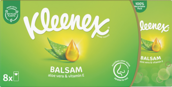 Kleenex Balsam chusteczki zmiękczające z aloesem i witaminą E, zielone opakowanie 8 szt., widok z przodu.