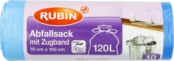 Rolka niebieskich worków na odpady RUBIN 120L, ściągane taśmą, widok z przodu, 10 sztuk.