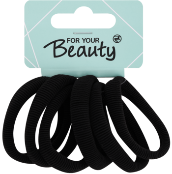 Czarne, elastyczne gumki do włosów, widok z przodu, na jasnoniebieskiej tekturce z napisem 'FOR YOUR Beauty'.
