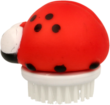 Dziecięca szczoteczka do mycia w kształcie czerwonej biedronki z czarnymi kropkami i białym włosiem, widok z boku.