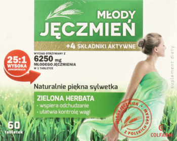Młody Jęczmień Colfarm, biało-zielone opakowanie suplementu na odchudzanie z zieloną herbatą, widok z przodu.
