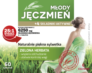 Suplement Młody Jęczmień 60 tabletek, zielono-białe opakowanie z grafiką kobiety, wspiera odchudzanie.
