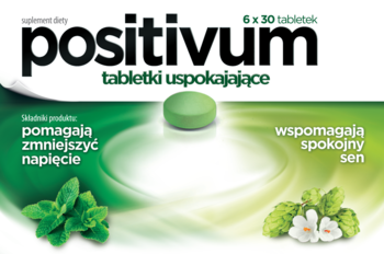 Opakowanie Positivum tabletki uspokajające, biało-zielone, z zieloną tabletką i liśćmi melisy.