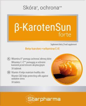 Front opakowania suplementu β-KarotenSun forte, pomarańczowo-białe, z muszlą na plaży w tle.
