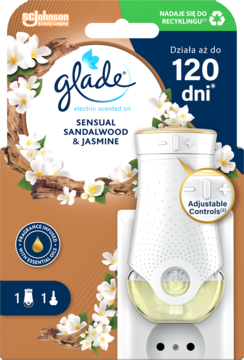 Glade electric scented oil, Sensual Sandalwood & Jasmine, w opakowaniu z widocznym wkładem. Działa do 120 dni.