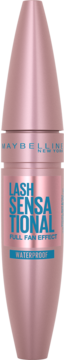 Maybelline Lash Sensational, różowo-złota, stożkowa maskara, z niebieskim napisem "WATERPROOF", widok z przodu.