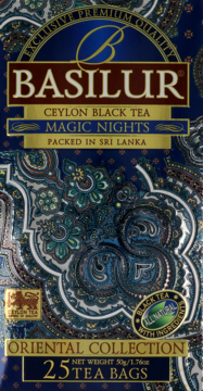 Basilur Ceylon Black Tea Magic Nights, niebiesko-srebrne pudełko z orientalnym wzorem, widok z przodu.
