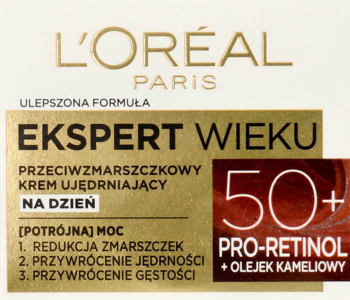 L'Oréal Paris Ekspert Wieku 50+ krem przeciwzmarszczkowy z Pro-Retinolem, złoto-białe pudełko, widok z przodu.