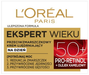 L'Oréal Paris Ekspert Wieku 50+, krem na dzień, pro-retinol, olejek kameliowy, ujędrniający, przeciwzmarszczkowy.